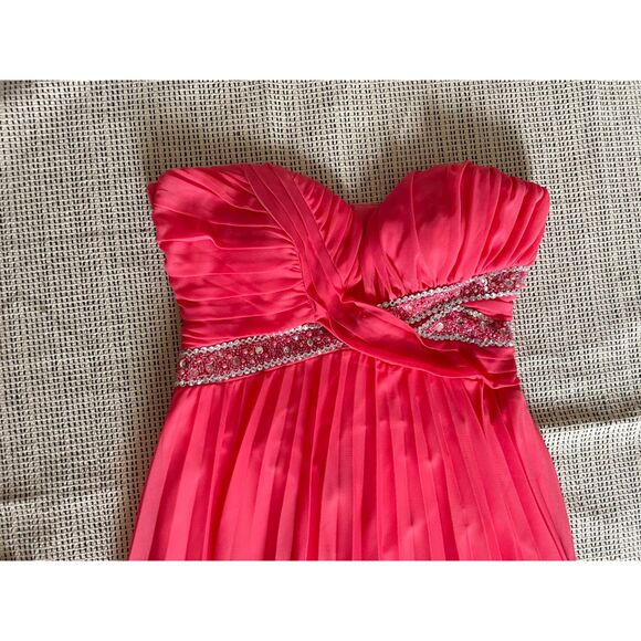 Jodi Kristopher Women Strapless Pleated Gown Coral pink Beaded Empire Waist Prom - Picture 3 of 8
